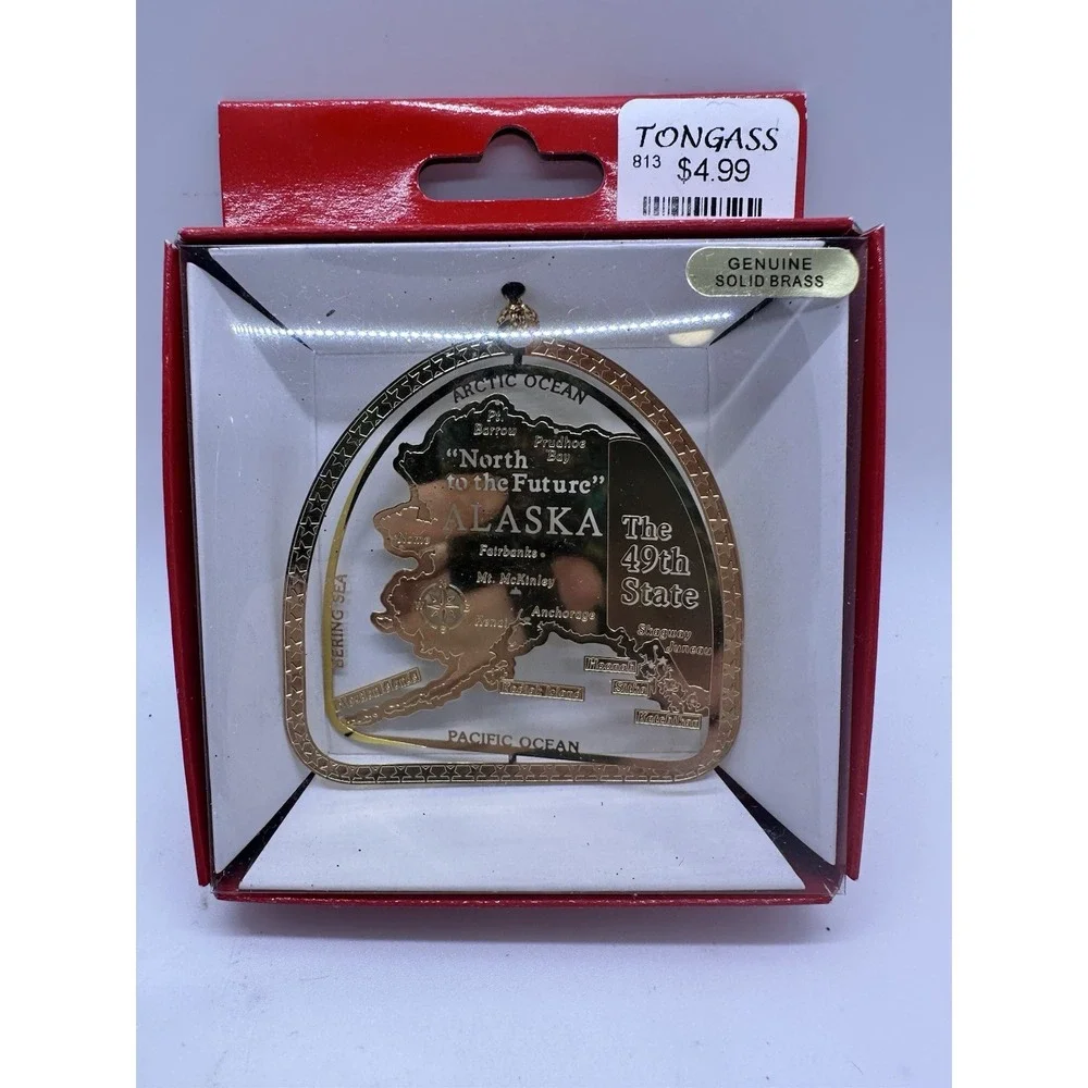Nation's‎ Treasures Alaska 49th State Map Solid Brass 24K Gold Ornament NIB